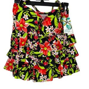 ISLAND ESCAPE RED BLACK & GREEN FLORAL DESIGN TIERED BANDINI SIZE 12